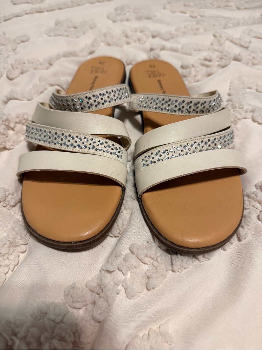 Time and Tru White Slide Sandals with Silver Rhinestones
